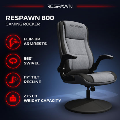 RESPAWN 800 Gaming Chair - Swivel Rocker With High Back, Ergonomic Floor Design for Kids and Adults, Recliner With Armrests - Grey Fabric