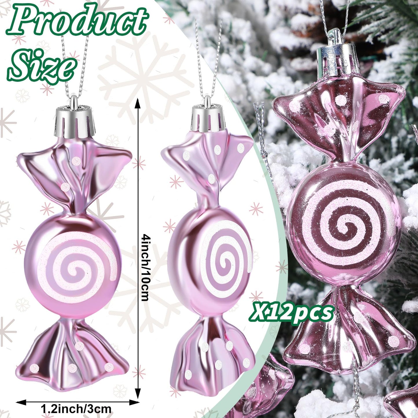 Threan 12 Pcs Christmas Candy Ornaments for Tree Decoration Hanging Glitter Candy Cane Christmas Peppermint Ornament with Golden Rope for Xmas Holiday Decoration(Pink,Plastic)