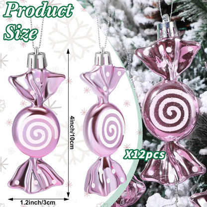 Threan 12 Pcs Christmas Candy Ornaments for Tree Decoration Hanging Glitter Candy Cane Christmas Peppermint Ornament with Golden Rope for Xmas Holiday Decoration(Pink,Plastic)