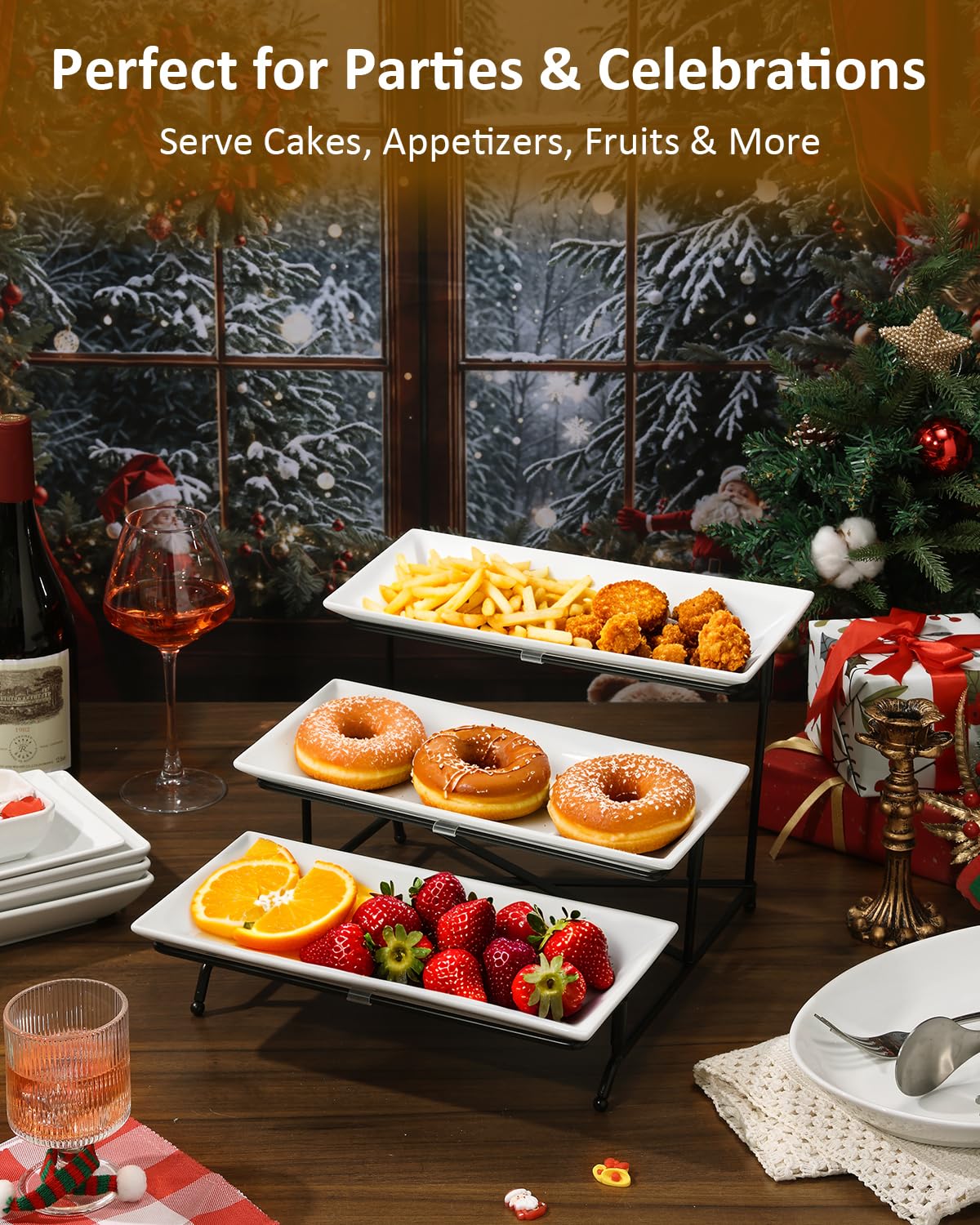 Yedio 3 Tier Serving Trays for Party, Porcelain Serving Platters and Trays, 12 Inch Tiered Tray Stand, Fruit Tray, Trays for Serving Food, White Dessert Stand with Collapsible Sturdier Metal Rack