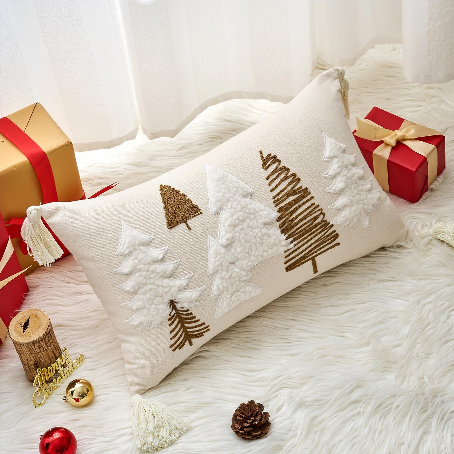 TAJWE Christmas Pillow Cover 12x20 Inch Soft Cute Pellet Embroidery Trees Decorative Pillowcase with Tassel Farmhouse Xmas Winter Holiday Lumbar Cushion Case for Sofa Couch Home Decor