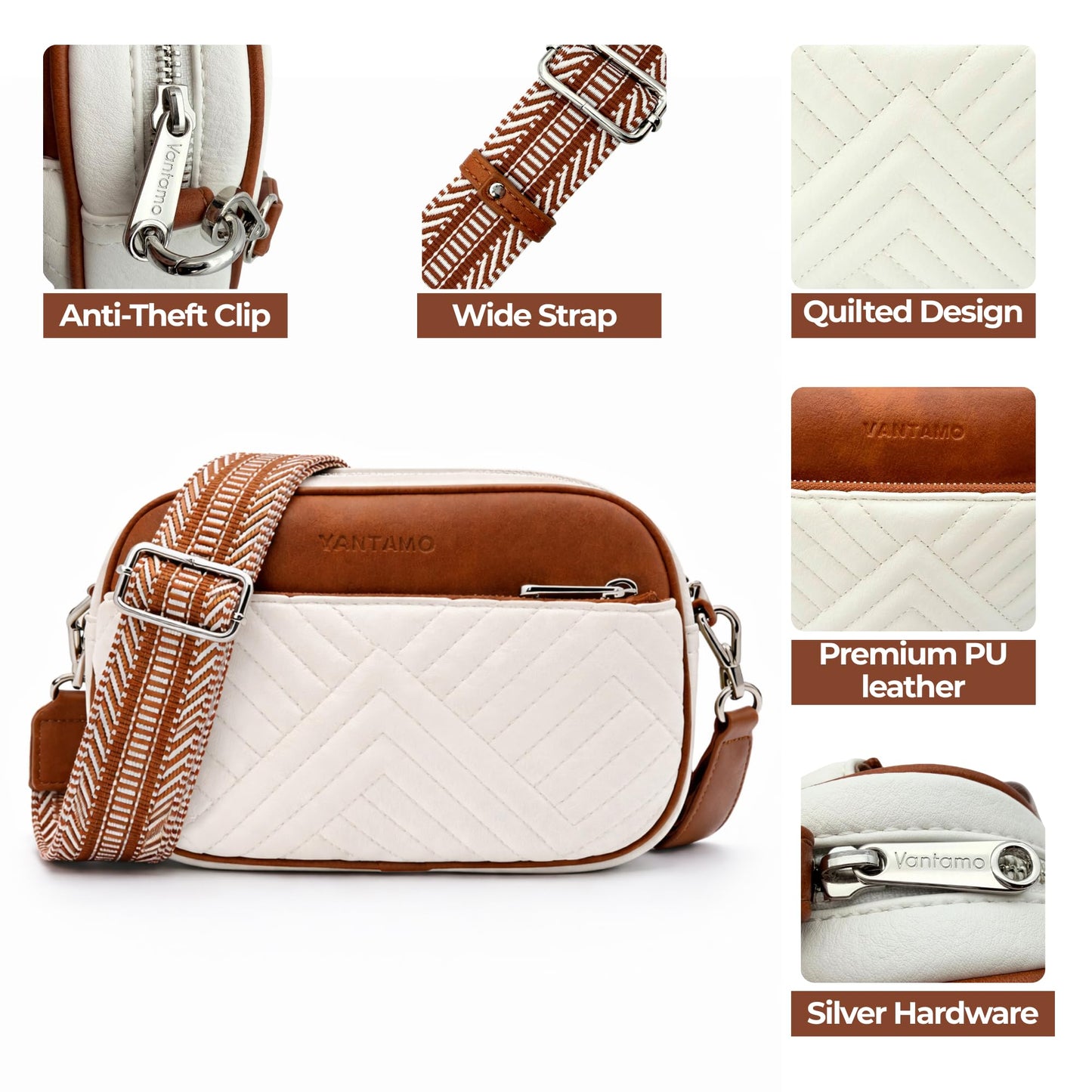 Vantamo Premium Quilted Crossbody Bags for Women with Anti-Pickpocket Clip, Vegan Leather Handbags, Travel Purses for Women