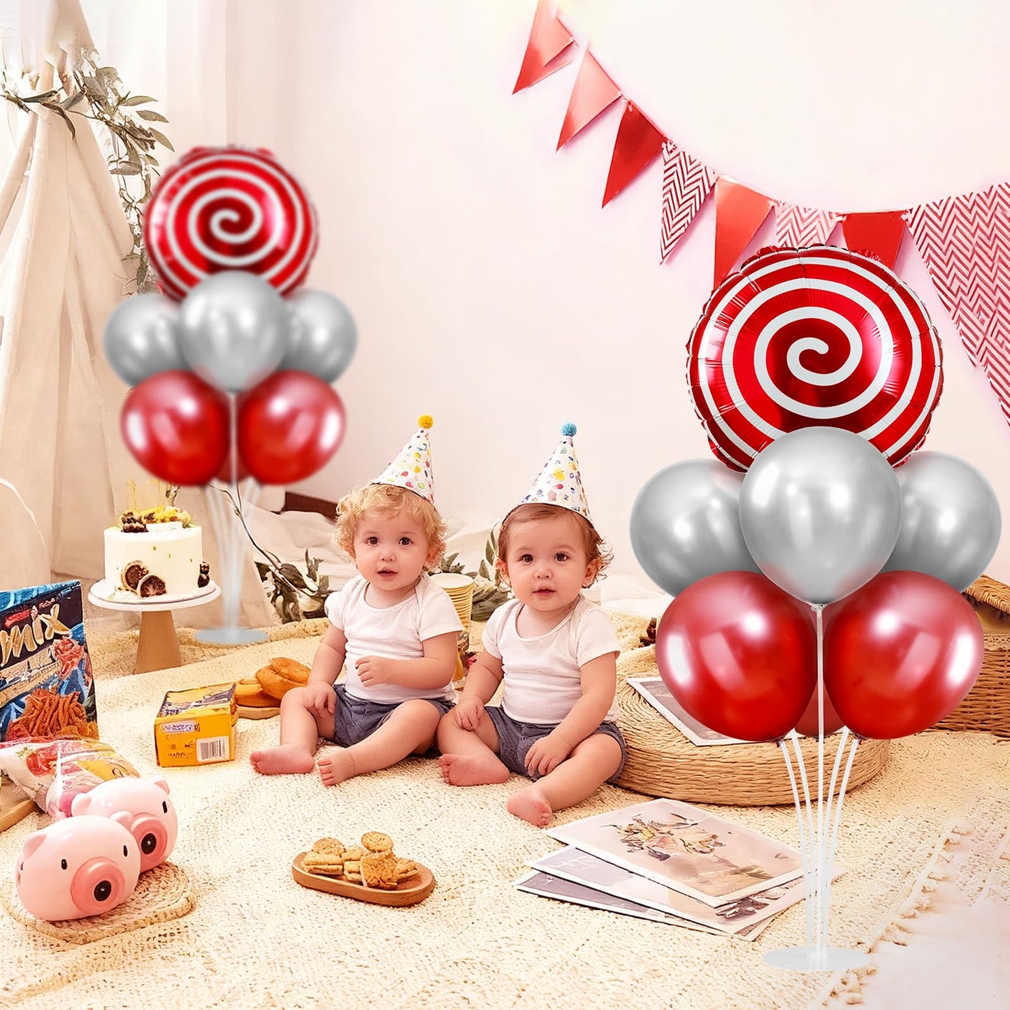 2 Sets Red White Lollipop Balloon Stand Kit, 18 Inch Swirl Foil Balloons Table Centerpieces for Candyland Birthday Party Decorations, Baby Shower, Sweet Candy Themed Party Supplies-Red