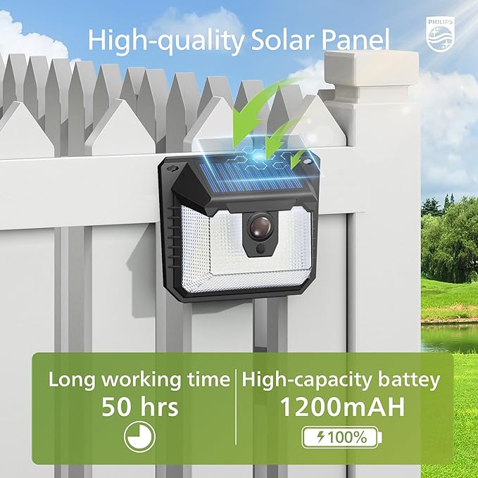 Philips Solar Lights Motion Sensor Outdoor, 120 LEDs Solar Powered Security Lights,3 Lighting Modes, Waterproof Wall Lights for Outside Yard Fence Garden Garage