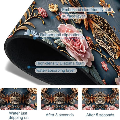 Gold Butterfly Kitchen Sink Splash Guard Faucet Mat Pink Floral Super Absorbent