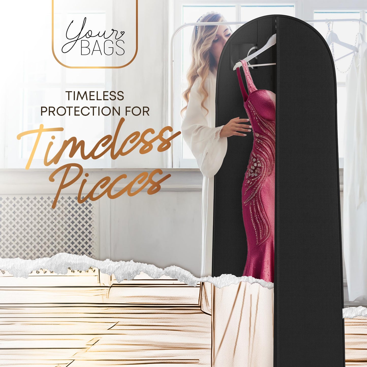 Your Bags Women’s Dress and Gown Garment Bag -72”x24” and 10” Tapered Gusset Prom Bags (Black/White Dress Print)