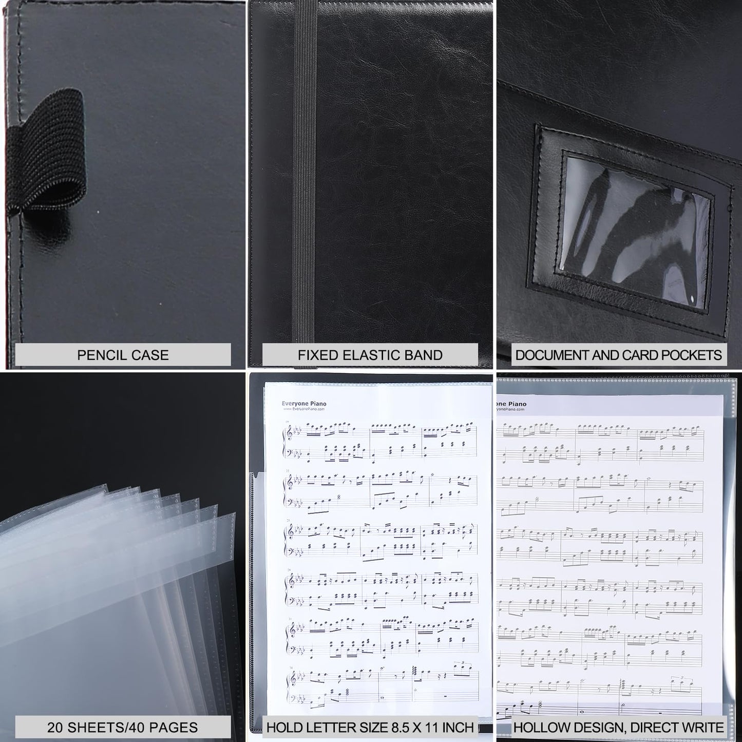Choral Sheet Music Folder Organizer: 3 Ring Piano Music Binder with Plastic Sleeves - PU Leather Choir Folders with Hand Strap Elastic Band Fits Letter Size 8.5 x 11 inch, Black