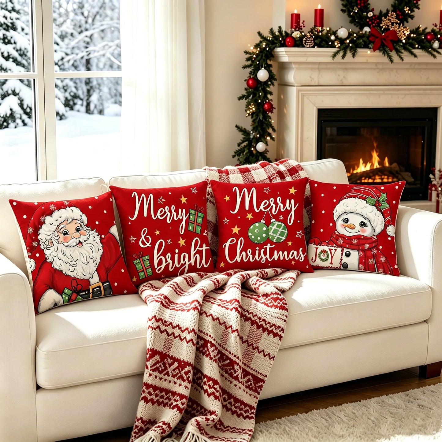 Ni-JASW Red Christmas Throw Pillow Covers 18x18 inch Set of 4, Old Fashioned Santa Snowman Merry Christmas Cushion Covers for Couch Sofa Holiday Decor