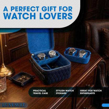 LUXVAULT Travel Watch Case - Luxury Watch Box Organizer, Leather Mens Jewelry box Organizer with Ultra-Suede Lining, 4-Slot watches case with Sliding Cushion System & Compartments for Sunglasses