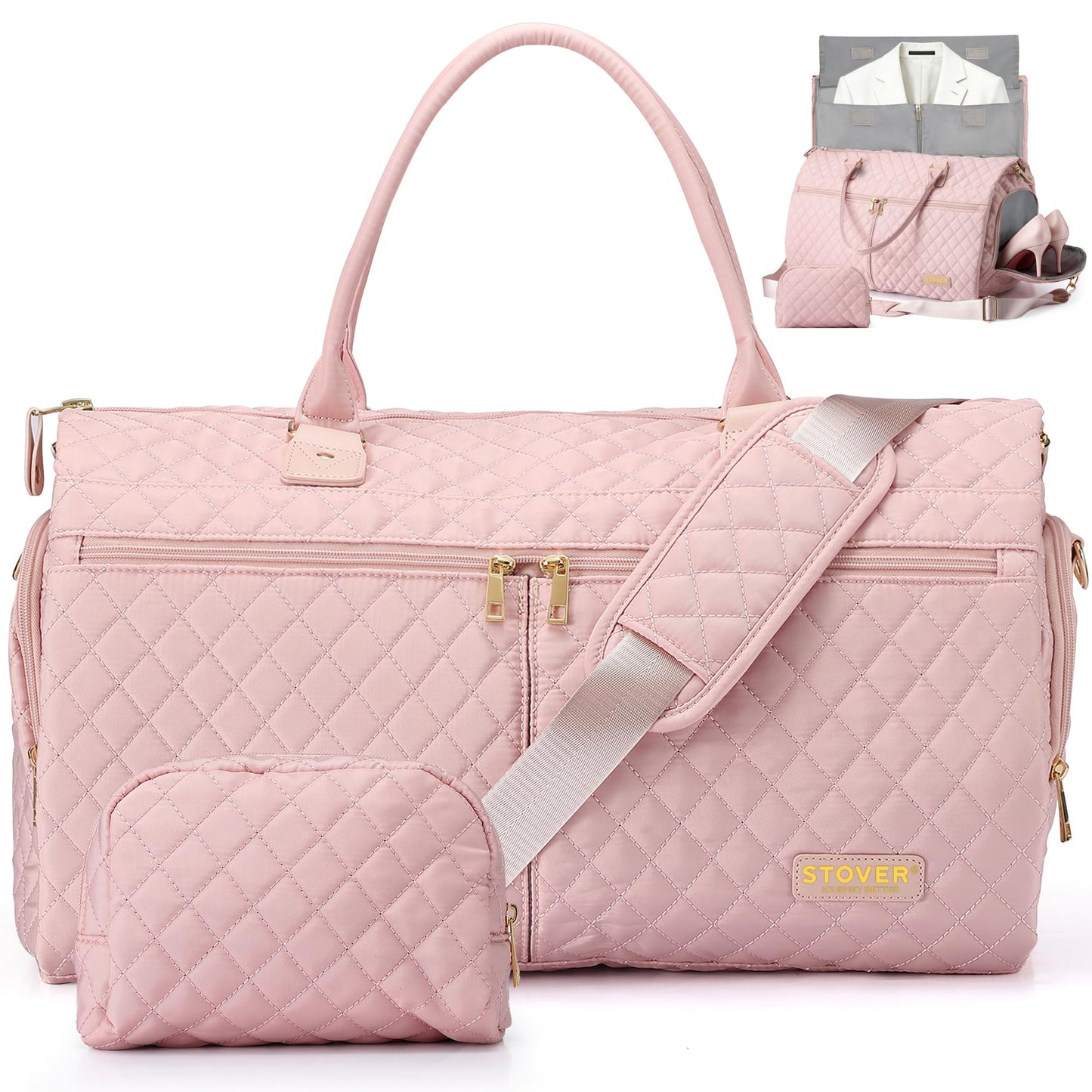 STOVER Women’s Convertible Garment Duffel Bag for Travel – 2-in-1 Carry-On Weekender/Overnight Tote - Wrinkle-Free Dresses, Suits & Clothes + Shoe Compartment & Bonus Toiletry Bag (Blush Pink)