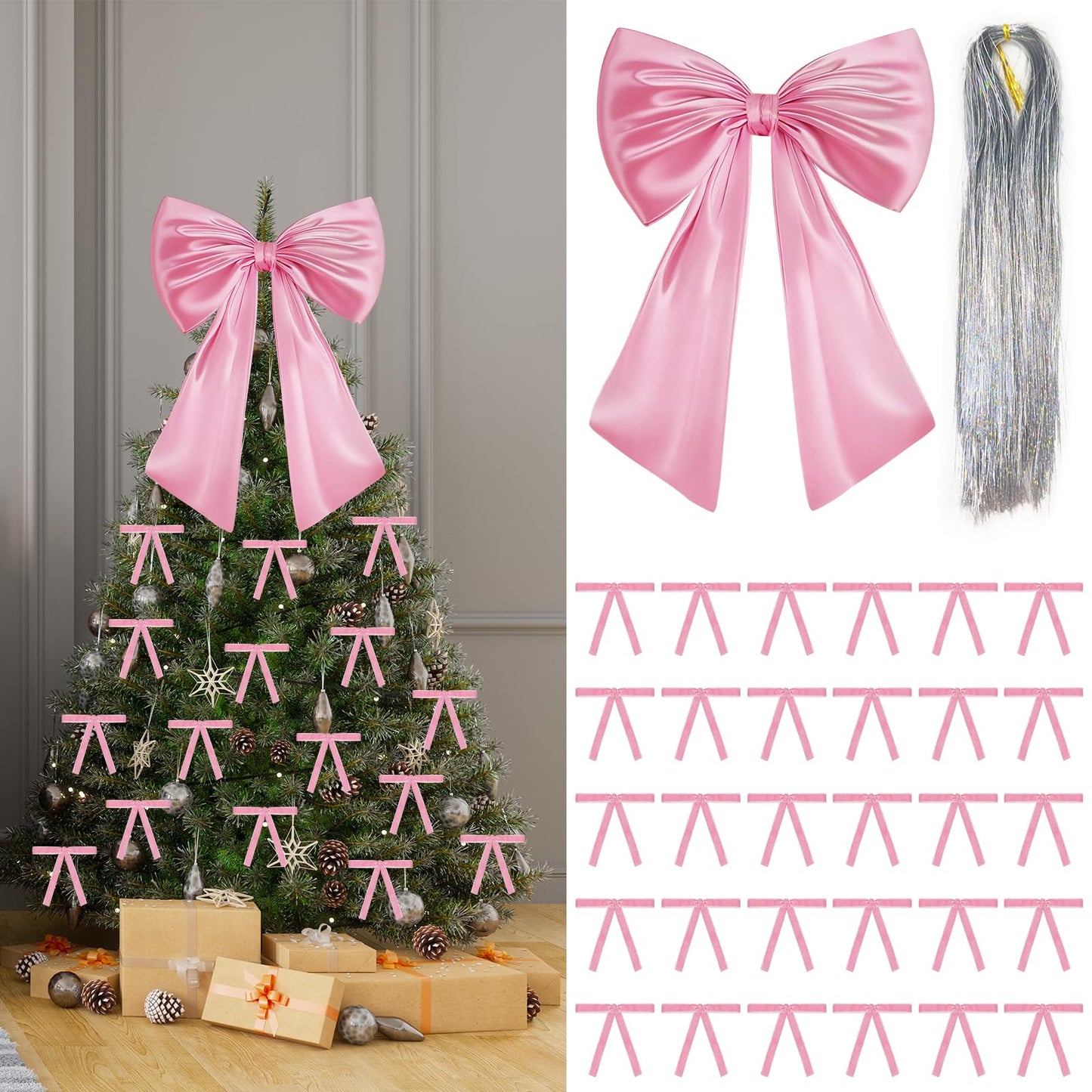17x23 Inch Large Pink Bow for Christmas Tree Topper Christmas Tree Decoration Set: 24 Small Velvet Bows, 1 Pcs Big Tree Topper Bow, 3000 Strands of Tinsel Icicles for Holiday Decor (Pink)