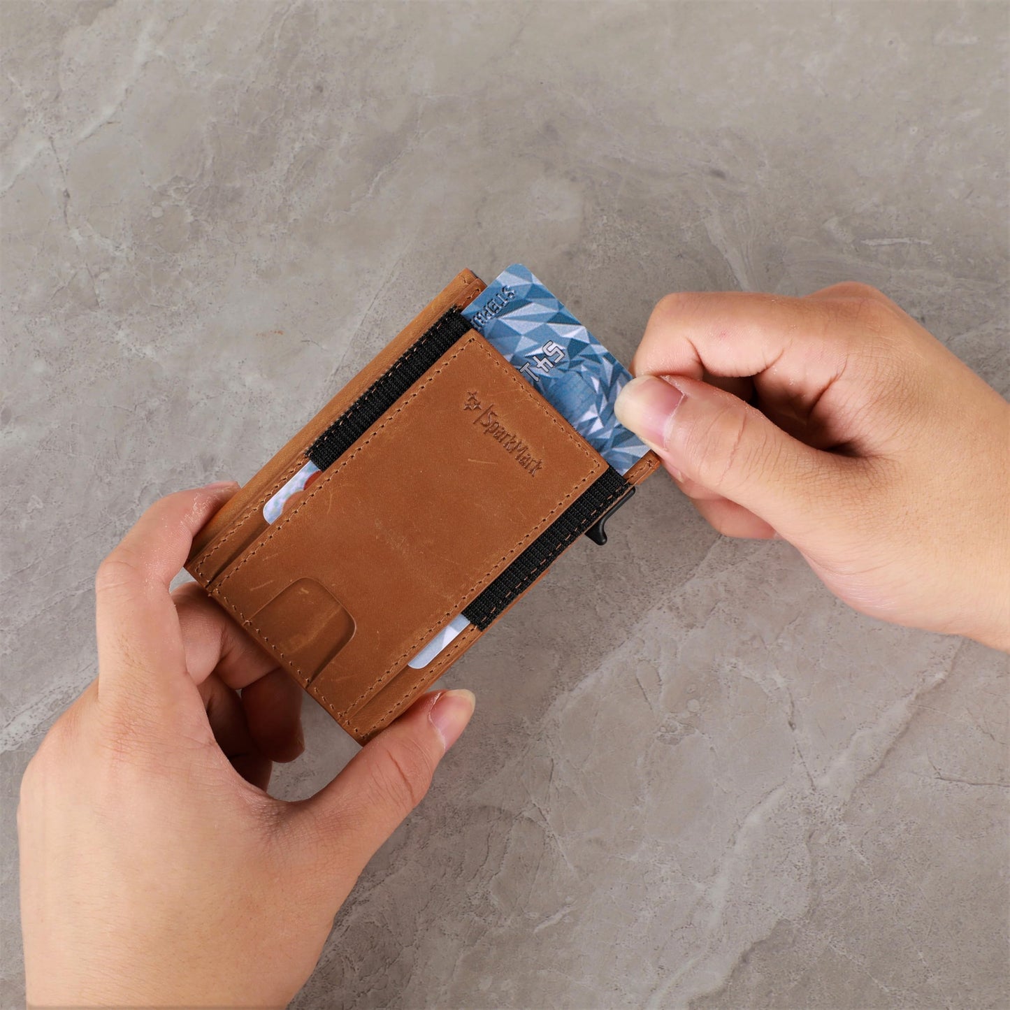 SparkMark Minimalist Pop Up Wallet for Men | RFID Blocking Credit Card Holder Wallet | Mens Wallet Slim Front Pocket Metal Case with Gift Box (Genuine Full Grain Soft Leather)