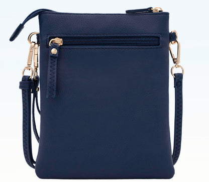 Solene Women's Faux Leather Organizer Multi Zipper Pockets Handbag With Detachable Wristlet Crossbody Bag-WU002(Navy)