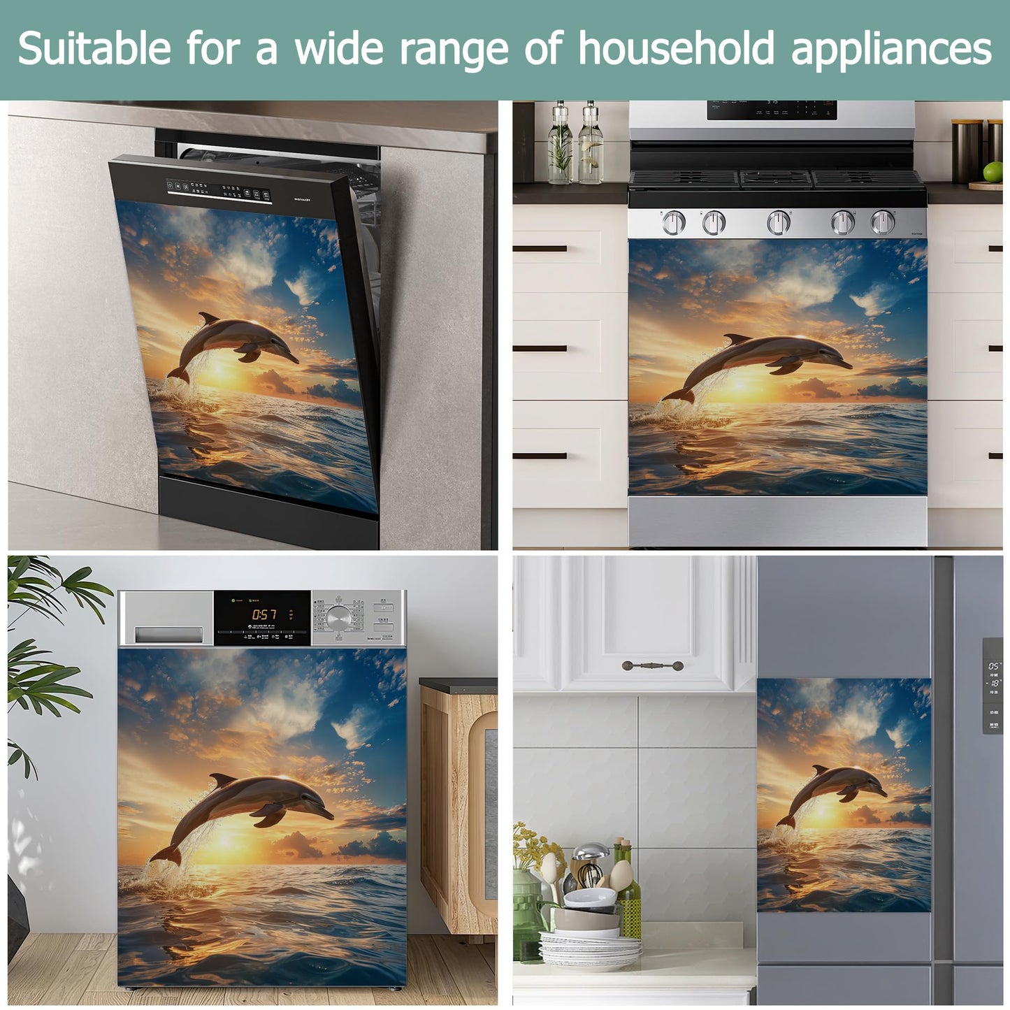 Jumping Dolphins Refrigerator Magnet Cover,Ocean Sunset Washable Dishwasher Magnets Decorative Cover,Home Kitchen Decorative Dishwasher Front Panel Cover 23x26 Inch