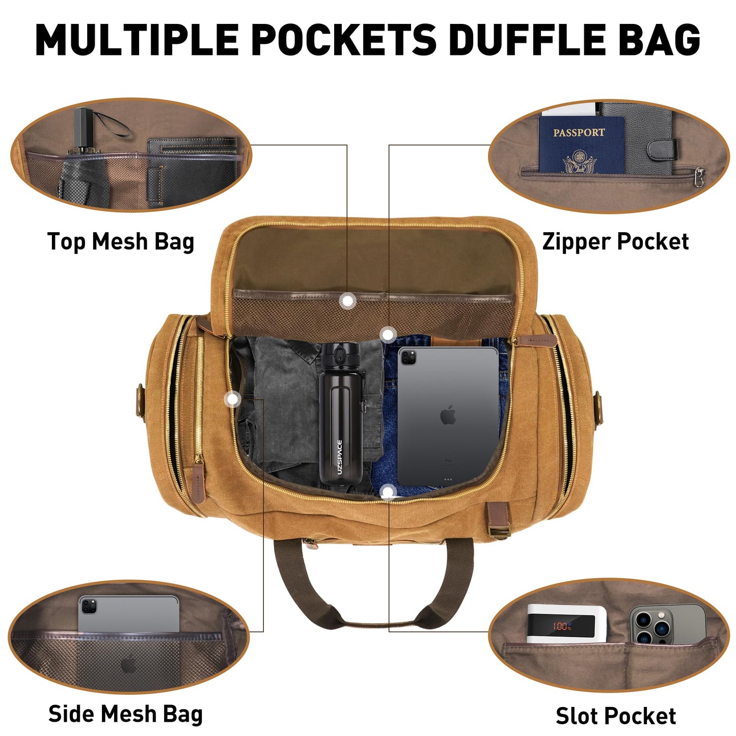 Densata 60L Travel Bags for Men, Nomad Canvas Duffle Bag Vintage Genuine Leather Travel Duffel Bag Multifunctional Weekender Overnight Backpack with Shoes Compartment (Coffee, X Large-60L)
