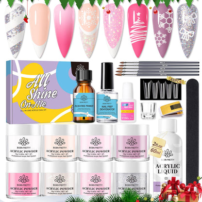BORN PRETTY Acrylic Nail Kit - Acrylic Powder (Clear, White, Pink) & Liquid Set with Nail Forms, Brush Pen, File & Glass Container - Beginner Friendly