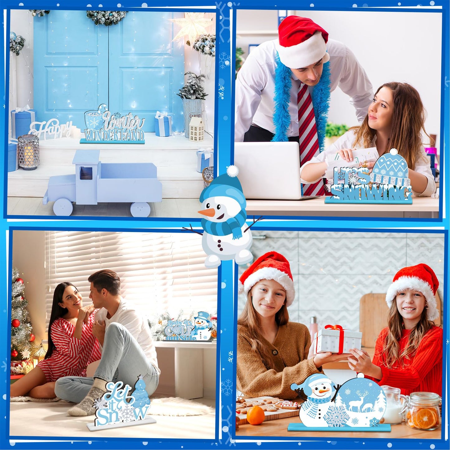 Wonderjune 6 Pcs Winter Wooden Table Decor Snowflake Snowman Wooden Centerpieces Wonderland Decor for Winter It's Snow Theme Xmas Birthday Baby is Cold Outside Party Supplies(Blue)
