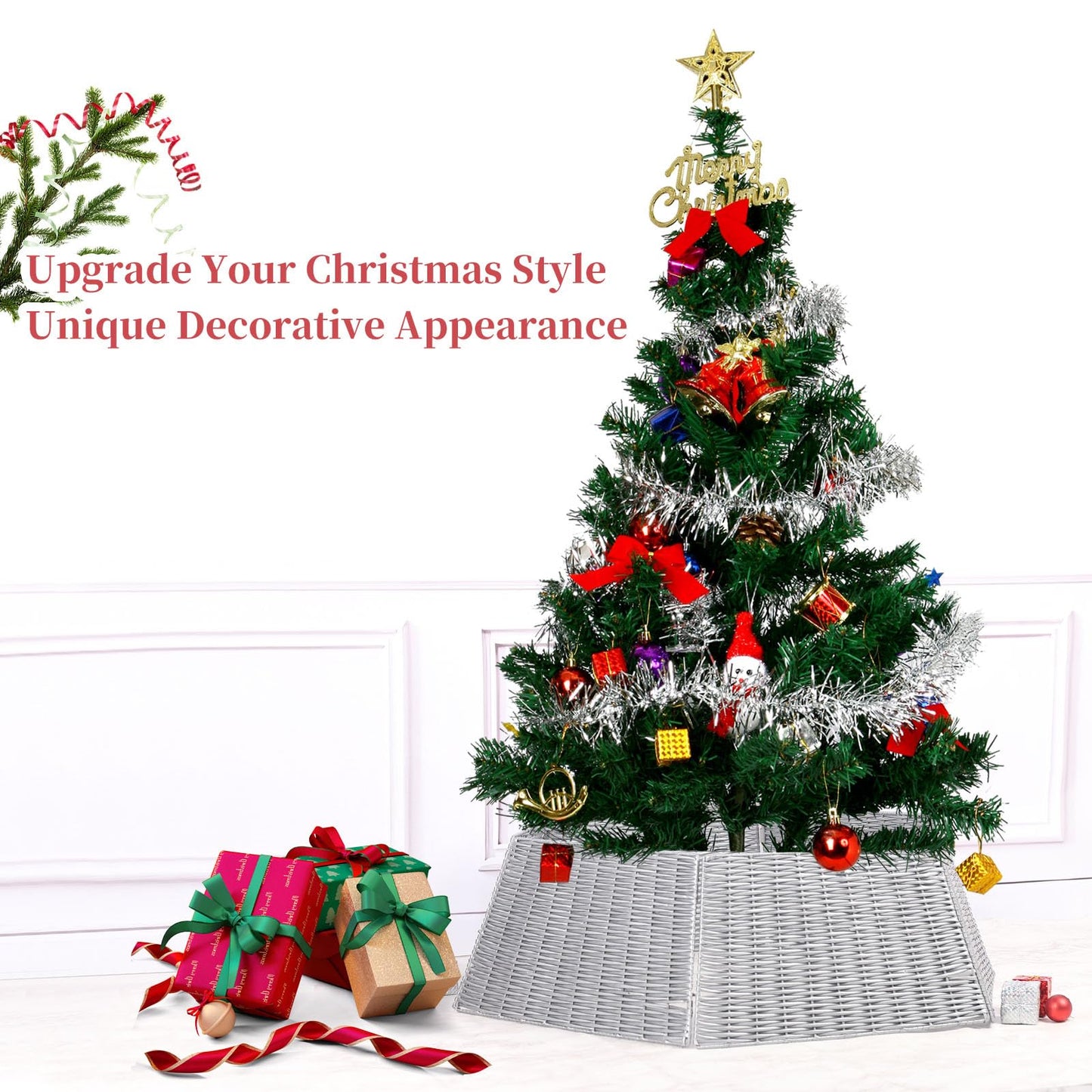 Vencer 34.2''Christmas Tree Collar,Plastic Rattan Xmas Tree Skirt,Rustic Decorations,Tree Skirt Base for Christmas Tree Decorations,Grey,CTS-G010