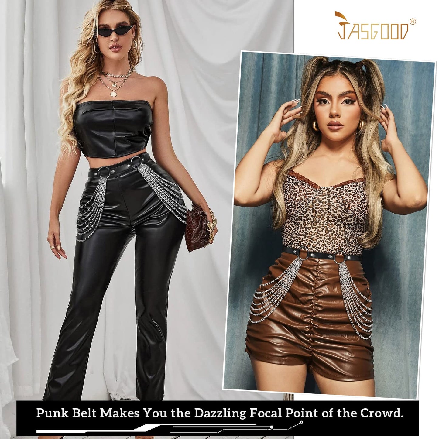 JASGOOD Punk Waist Chain Belt Black Leather Layered Belly Body Waist Chains Nightclub Rave Body Chain Belt for Women Girls (Black, Suit for Waist Size: 40"-46")
