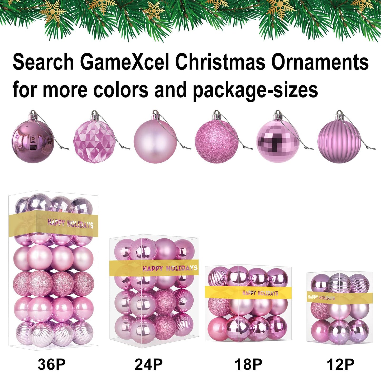Bubblegun Pink Christmas Ornaments - Christmas Tree Decorations Shatterproof Hanging Balls for Birthday Wedding Holiday Decor Set of 36pcs, Multi-Sizes(1.6",2.5",3.2")