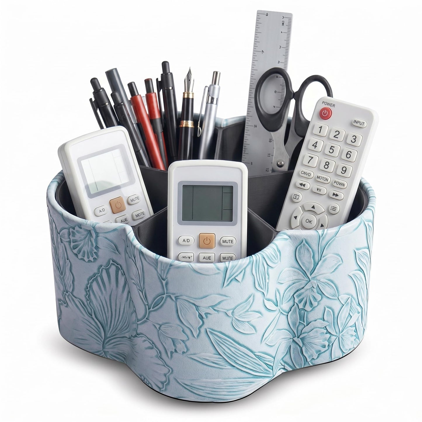 Lvkjafaz Flower Shaped Leather Art Supply Organizer,Remote Control Holder,360 Degree Spinning,Multi-Functional Pencil Holder,5 Compartments Desktop Stationary Organizer(1-Flower Blue)
