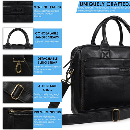 TRISKY Leather Laptop Bag For Men And Women - 16-inch Messenger Bag for Women Crossbody For Office Business Travel - Black Leather Briefcase for Men - Black