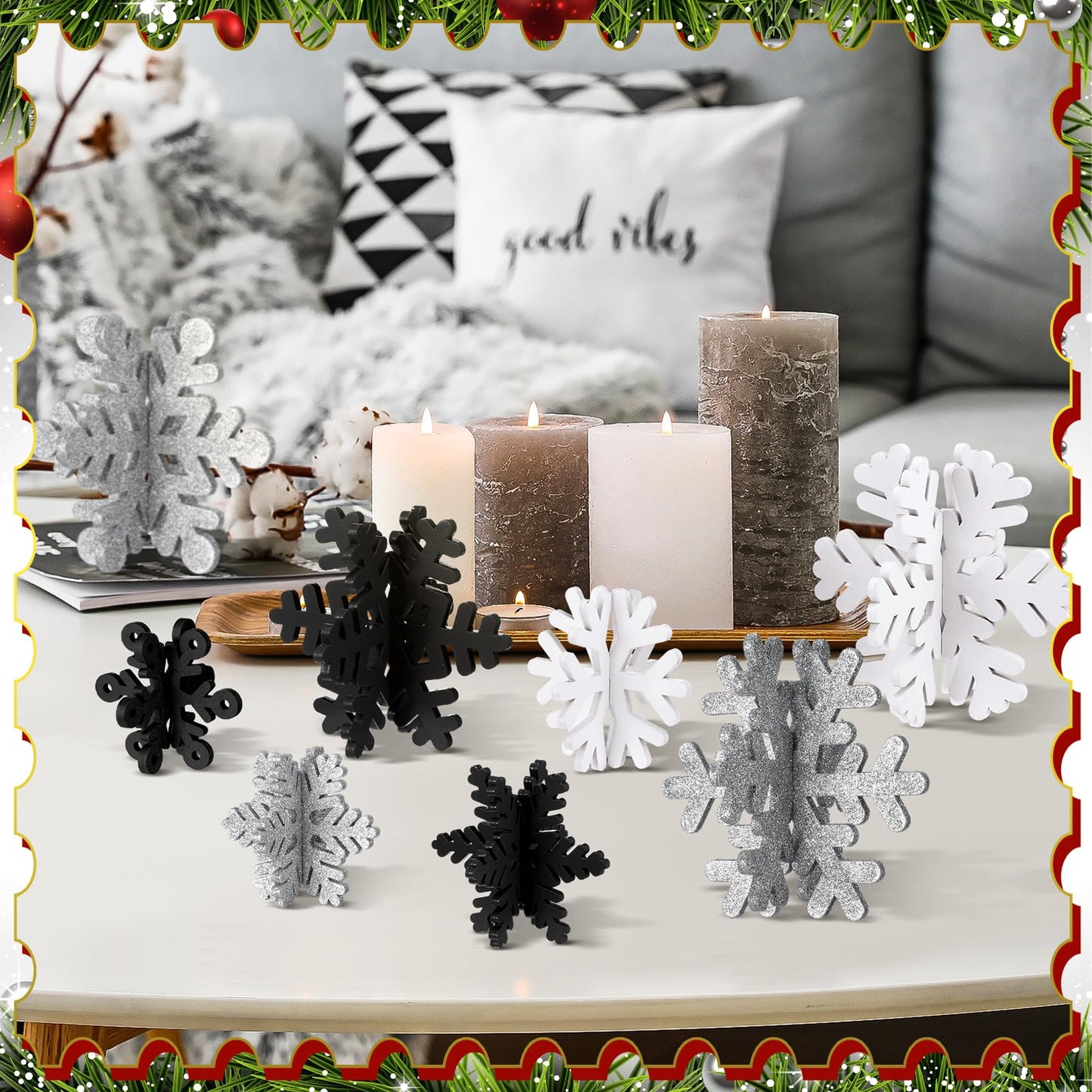 Wenqik 16 Pcs Winter Wooden Snowflake Decor Christmas Winter Snowflake Tabletop Decorations 3D Snow Table Signs Standing Centerpiece Xmas Tiered Tray Decorations for Party(White, Black, Silver)
