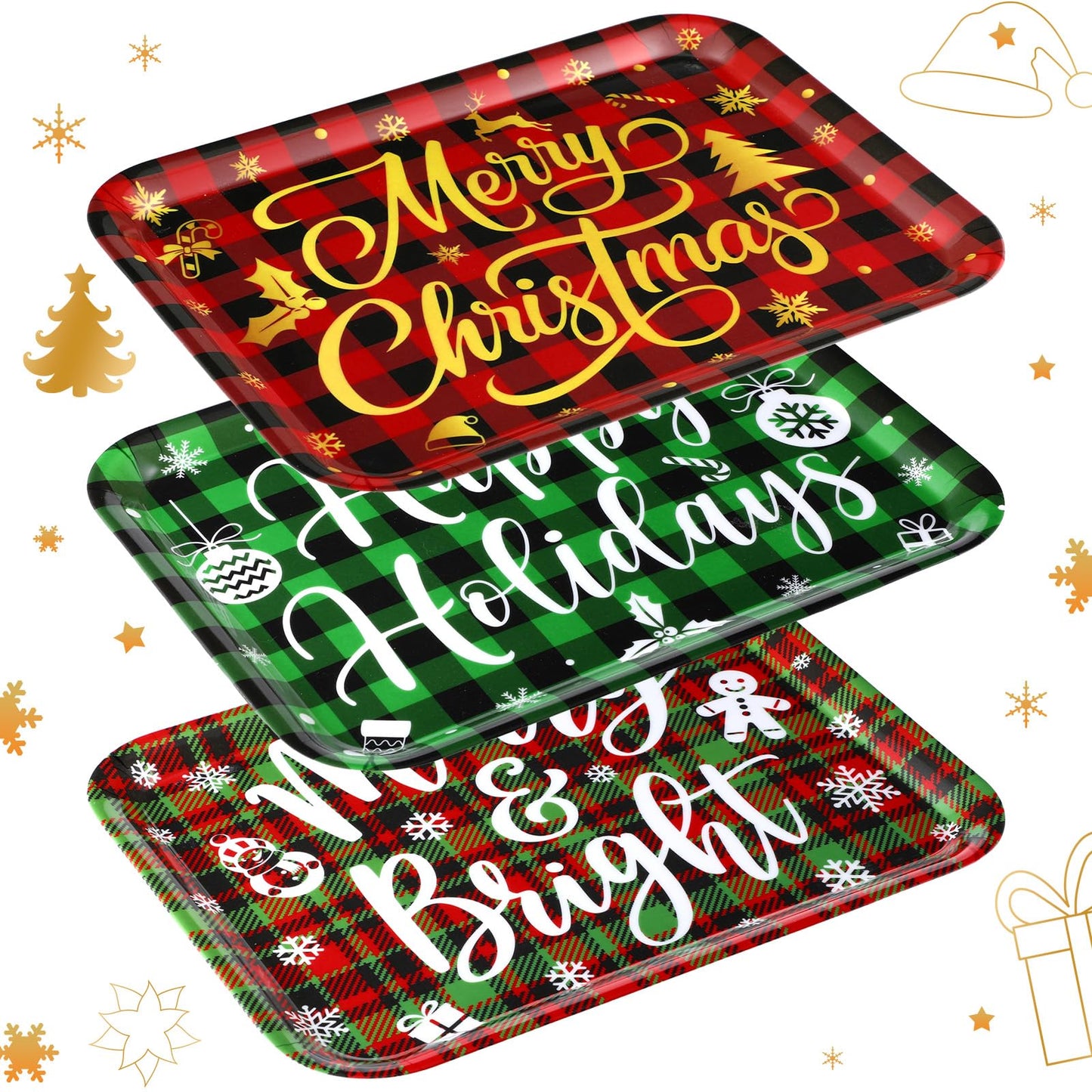 Rtteri 3 Pcs 13 x 10 Inch Christmas Serving Trays Red and Green Plaid Plastic Xmas Serving Platters Dishes Reusable Christmas Decorations for Holiday Party Sharing Snack Fruit Dessert Candy