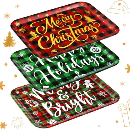 Rtteri 3 Pcs 13 x 10 Inch Christmas Serving Trays Red and Green Plaid Plastic Xmas Serving Platters Dishes Reusable Christmas Decorations for Holiday Party Sharing Snack Fruit Dessert Candy