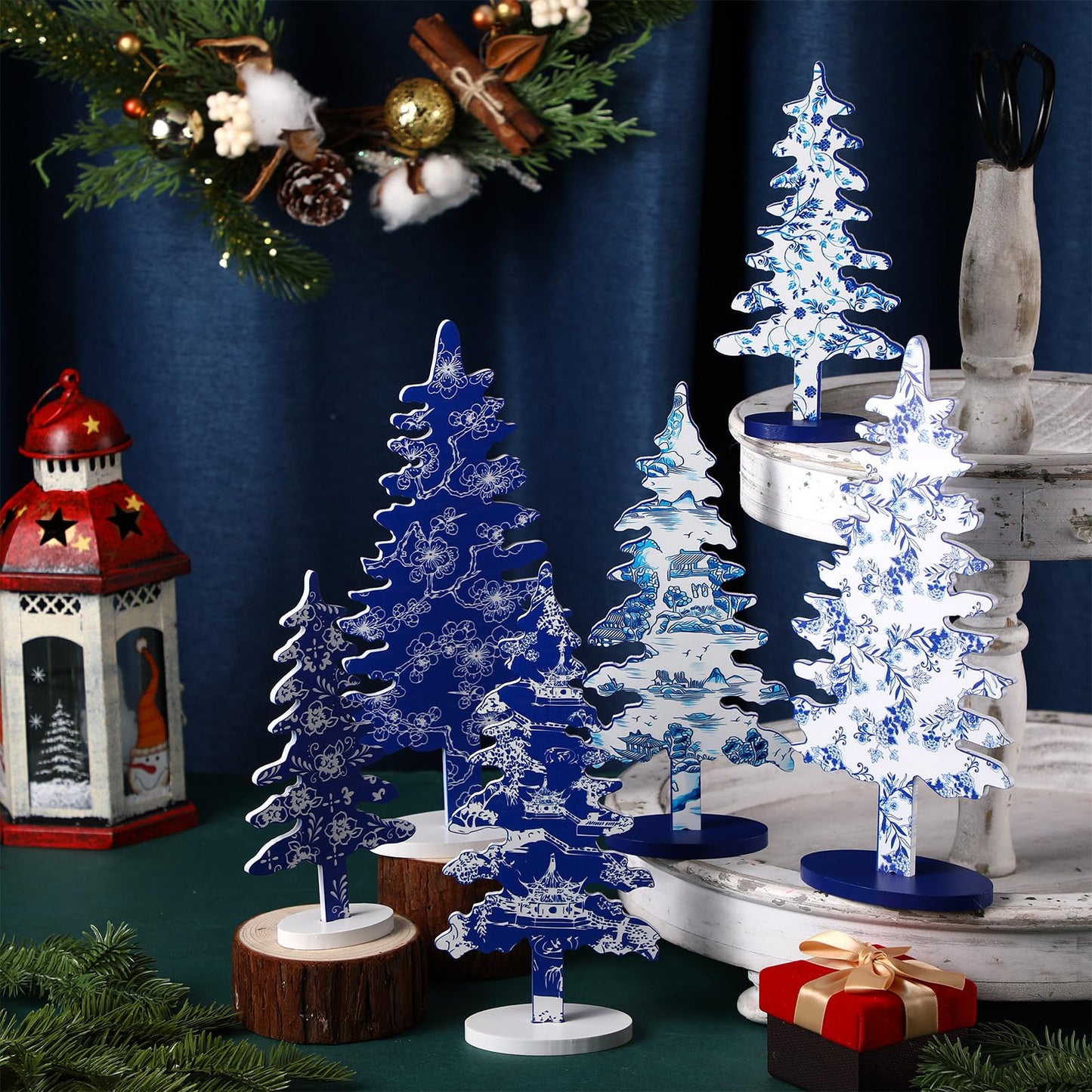 Kigley 6 Pcs Porcelain Christmas Tree Sign Table Decor 6" 8" 10.5" Blue White Xmas Tree Tabletop Christmas Tiered Tray Centerpieces Xmas Gift for Home Mantel Shelf Office Party Windowsill Decoration