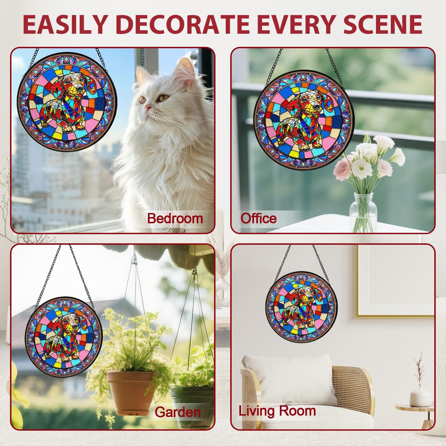 Dog Stained Glass Window Hanging, Suncatcher for Window Hanging, Sun Catchers Indoor Windows Wall Art for Mom Grandma, Gifts for Dog Lovers, Christmas Decor,for Home Garden Office 7.87