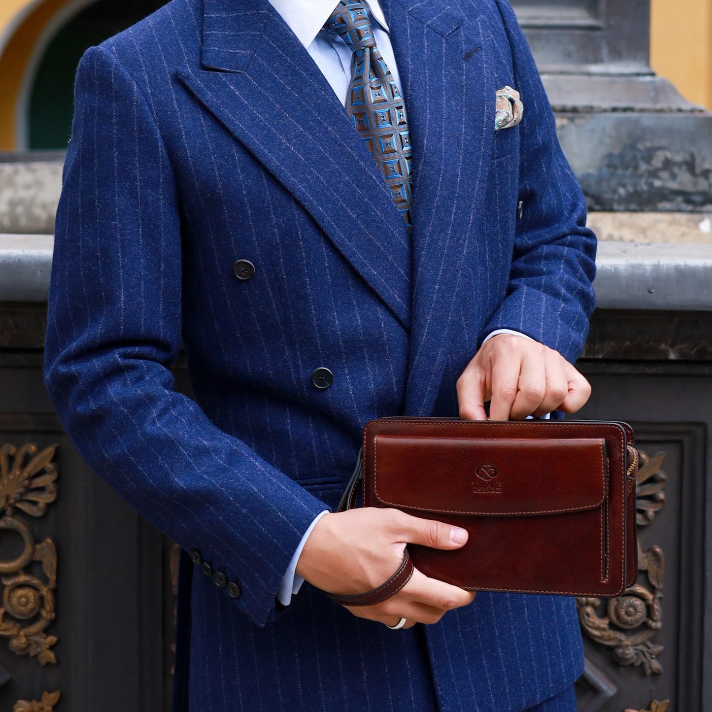 Time Resistance Leather Clutch for Men - Organizer Wrist Bag Briefcase - Handmade in Italy (Brown) - Gift Box Included
