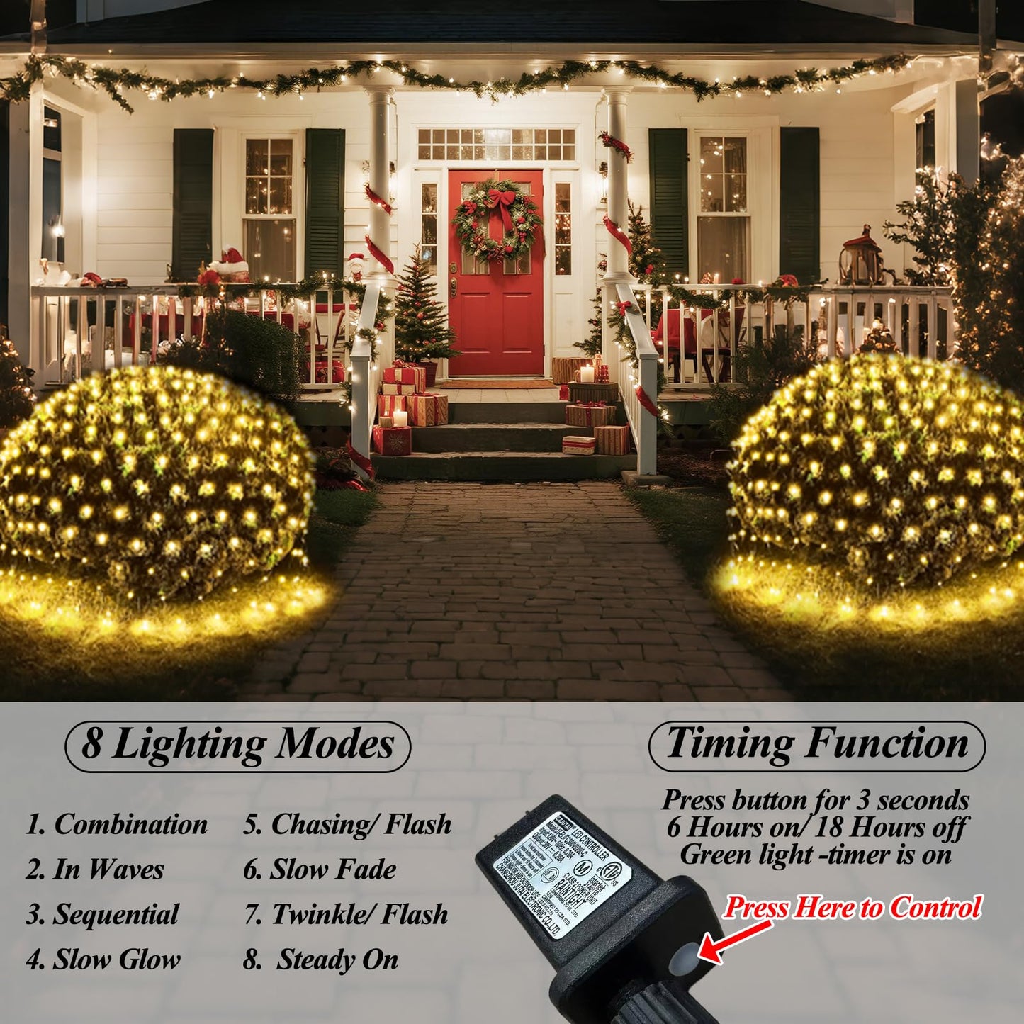 OYCBUZO 360LED Net Lights, 21ft x 5ft Connectable Christmas Outdoor Mesh Lights with Timer & 8 Lighting Modes, Waterproof String Light Plug in for Xmas Tree Bushes Garden Holiday Party - Warm White
