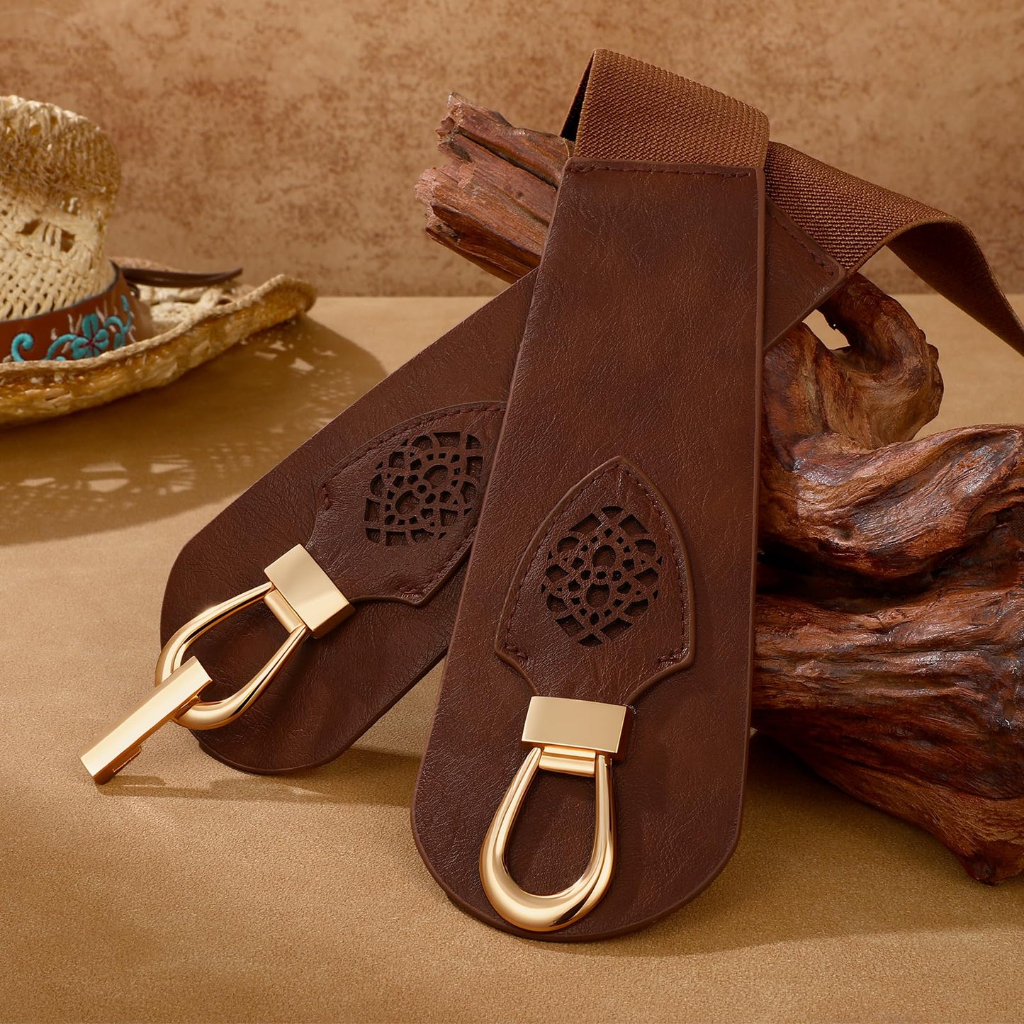 Womens Western Wide Waist Belt for Dress Vintage Stretchy Elastic Belt with Chunky Gold Buckle (Deep Brown)