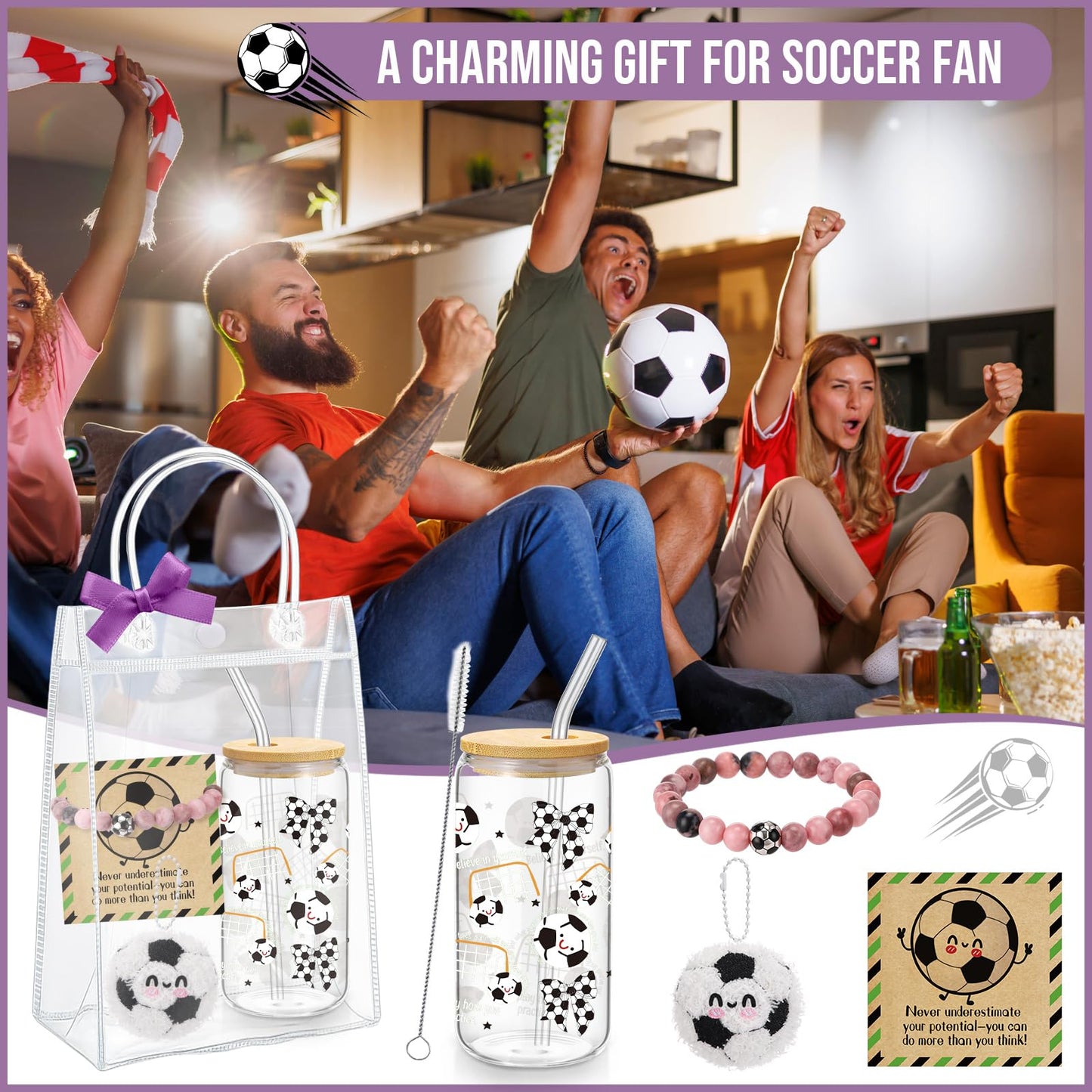 Roshtia 6 Pcs Soccer Lover Gifts Straw Glass Cup Support Doll Natural Stone Bracelet with Ribbon Card Bag Office Inspirational Gift for Coworker Team Player Sport Party Favor
