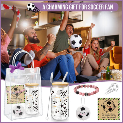 Roshtia 6 Pcs Soccer Lover Gifts Straw Glass Cup Support Doll Natural Stone Bracelet with Ribbon Card Bag Office Inspirational Gift for Coworker Team Player Sport Party Favor