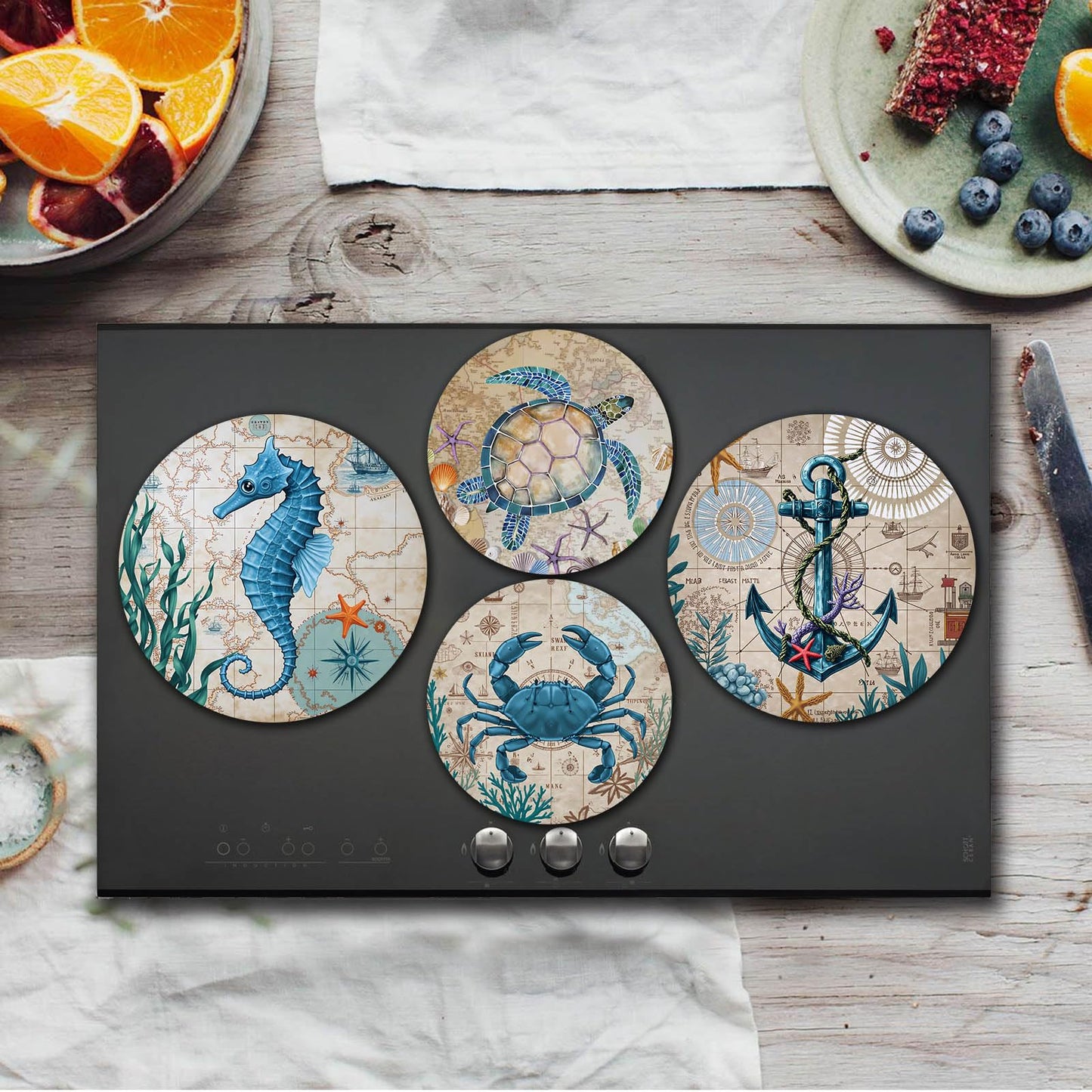 Tucocoo Anchor Electric Stove Burner Covers, Set of 4 Round Seahorse Ocean Animals Stove Burner Covers, 8Inch 10Inch,Crab Gas Stove Burner Covers,Metal Stove Burner Cover,Funny Cooktop Kitchen Decor
