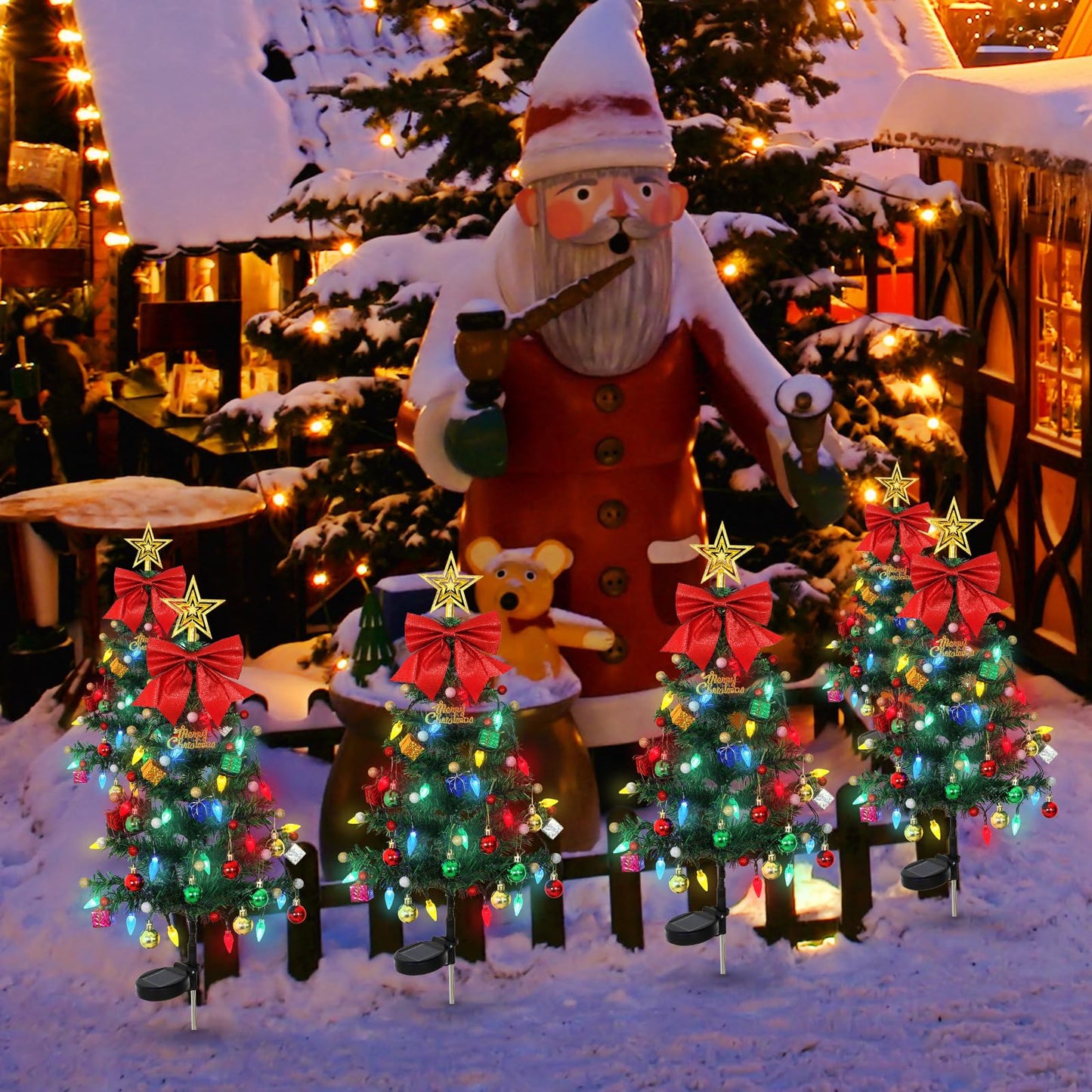 LOMOHOO 2 Packs Solar Christmas Tree 35.8in Outdoor Prelit Lighted Christmas Tree 2 Flashing Modes Solar Xmas Trees with 40 LED Lights for Holiday Porch Yard Garden Patio Cemetery Pathway