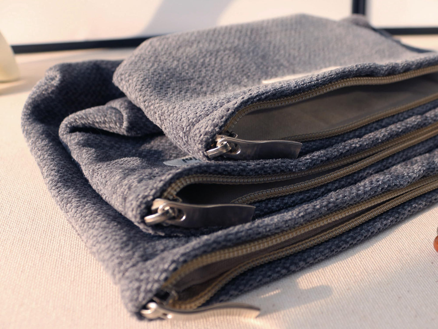HAPPYHEIDI Gray Velvet Corduroy Makeup Bag Set 3 with Compartment Women Girls Cosmetic Toiletry Pouch,Travel Accessory Organizer, 3-Size, Canvas Lined