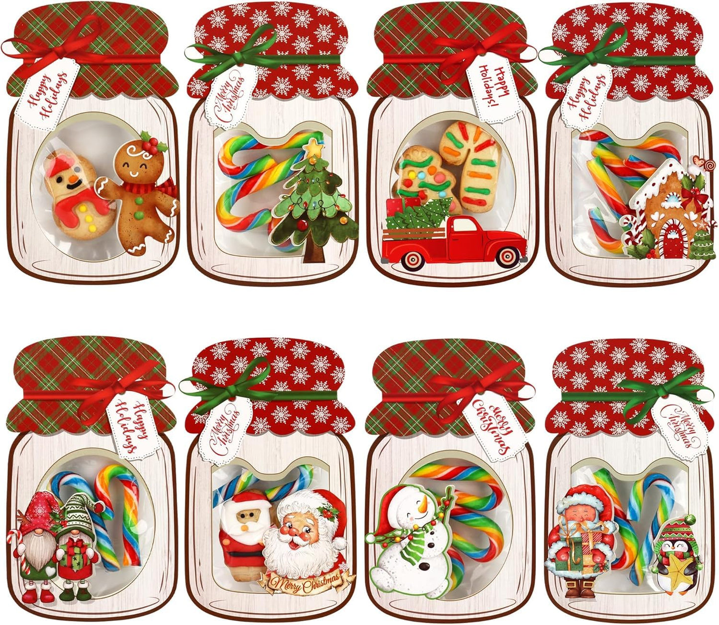 Giiffu Christmas Treat Bags with Cards 48-Pack, Mason Jar Goodie Bag for Kids, DIY Candy Holder for School Classroom Gift Exchange, Bulk Party Favors & Stocking Stuffers