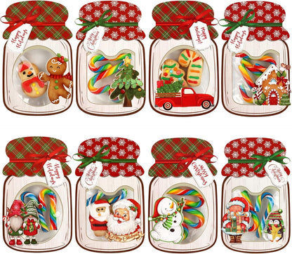Giiffu Christmas Treat Bags with Cards 48-Pack, Mason Jar Goodie Bag for Kids, DIY Candy Holder for School Classroom Gift Exchange, Bulk Party Favors & Stocking Stuffers