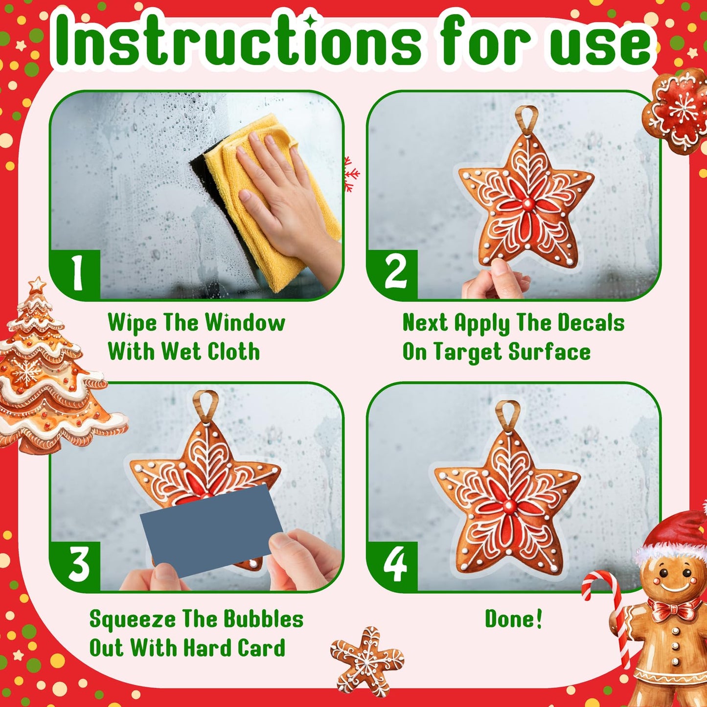 Christmas Window Decoration Clings Gingerbread Decals for Glass Double-Side Xmas Tree Holiday Window Decal Reusable Removable Snowflake Static Cling for Indoor Home Office Display Winter Decoration