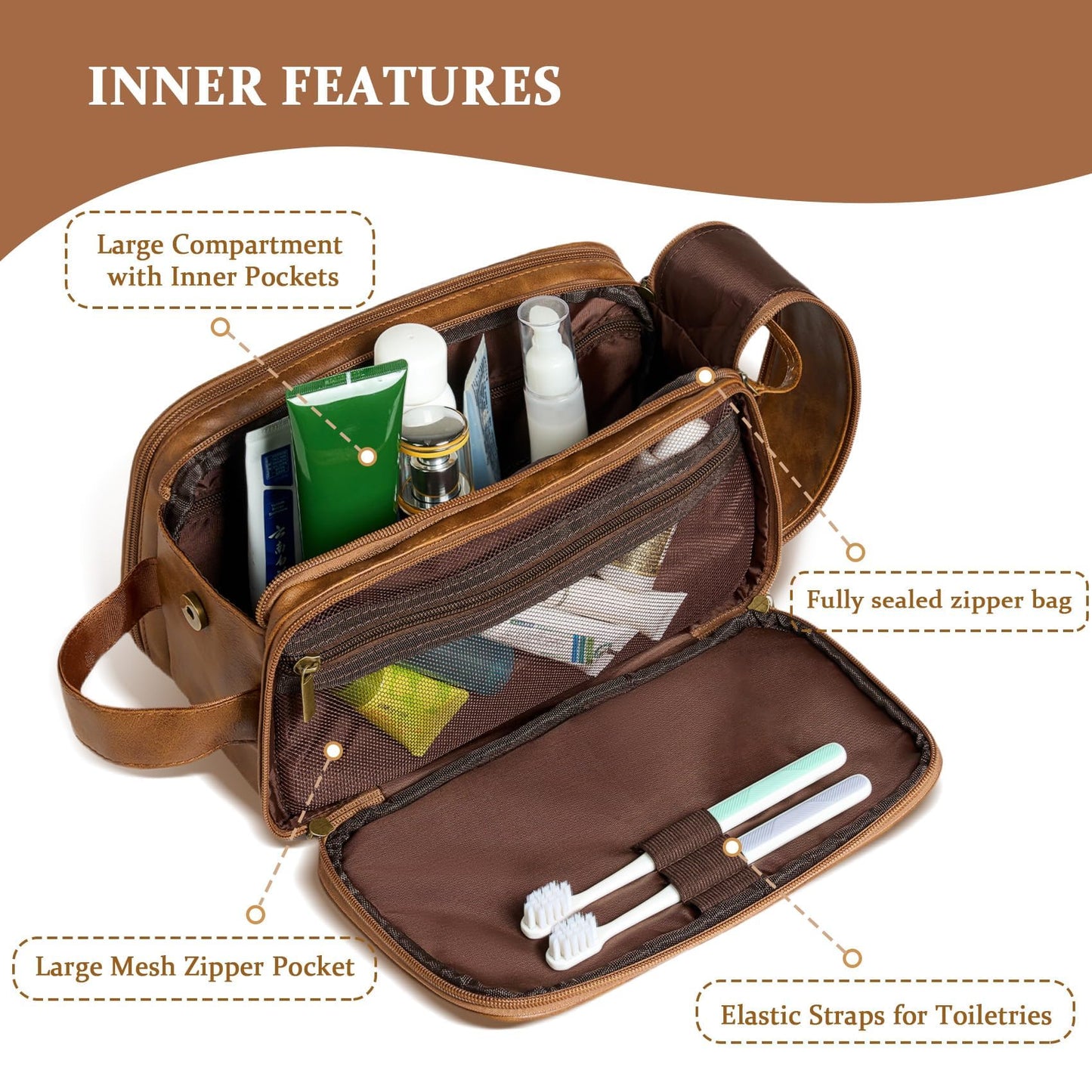 Janhavi Travel Essentials Toiletry Bag, Waterproof PU Leather Initials & Mountain, Groomsmen Gifts, Men's Accessories Organizer, Travel Bags for Men, Gifts for Men(Brown T)