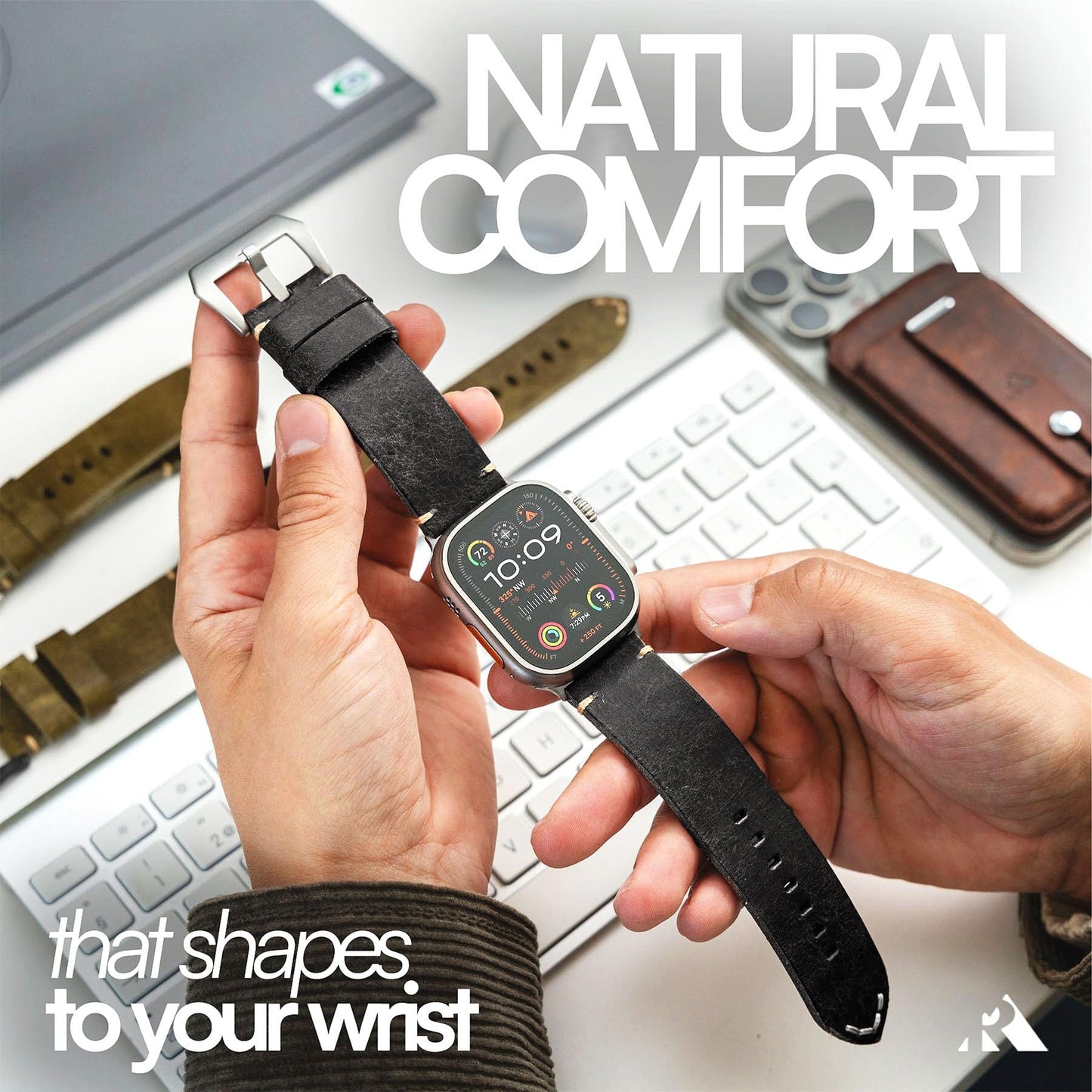 Robust Genuine Leather Watch Band for Men - Compatible with Apple Watch Bands 49mm, Black Leather Replacement Strap for iWatch Ultra 2/1 SE, SE 2 Series 10 9 8 7 6 5 4 - With Natural Titanium Hardware