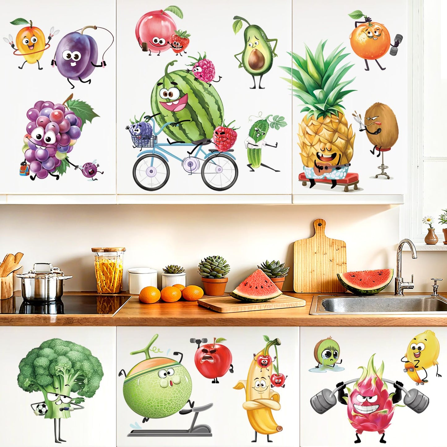 wondever Kitchen Fruit Wall Stickers Cartoon Vegetables Peel and Stick Wall Art Decals for Kitchen Cabinet Cupboard Fridge