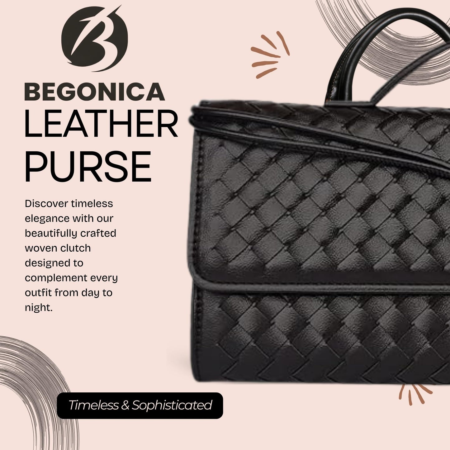 BEGONICA Woven Evening Clutch Purse for Women - Soft Vegan Leather Crossbody Bag - Small Black Evening Bag - Elegant Shoulder Handbag for Weddings & Parties