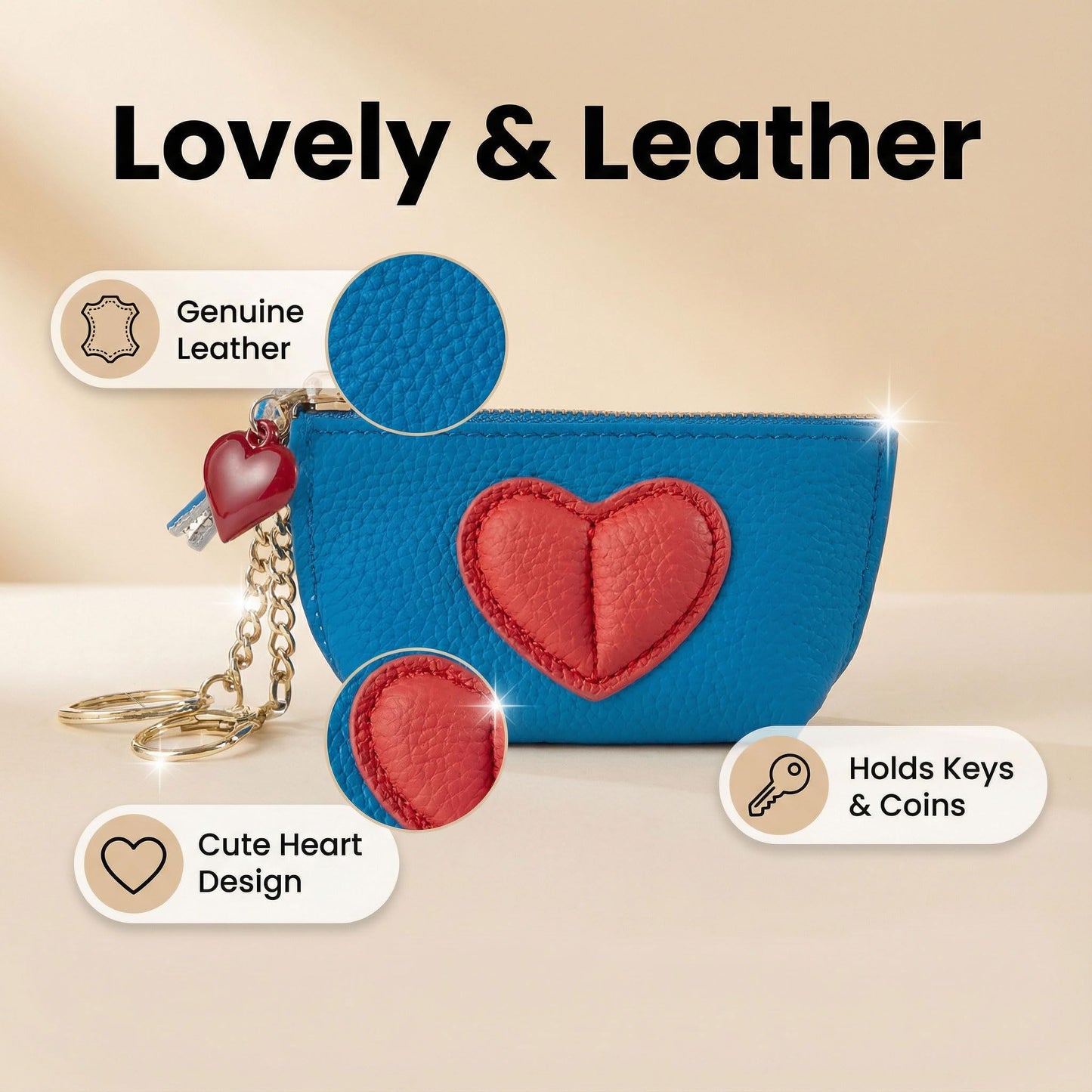Red Heart Design Small Coin Purse - Cute Compact Keychain Change Purse Soft Leather Wallet with Zipper for Women (Blue)