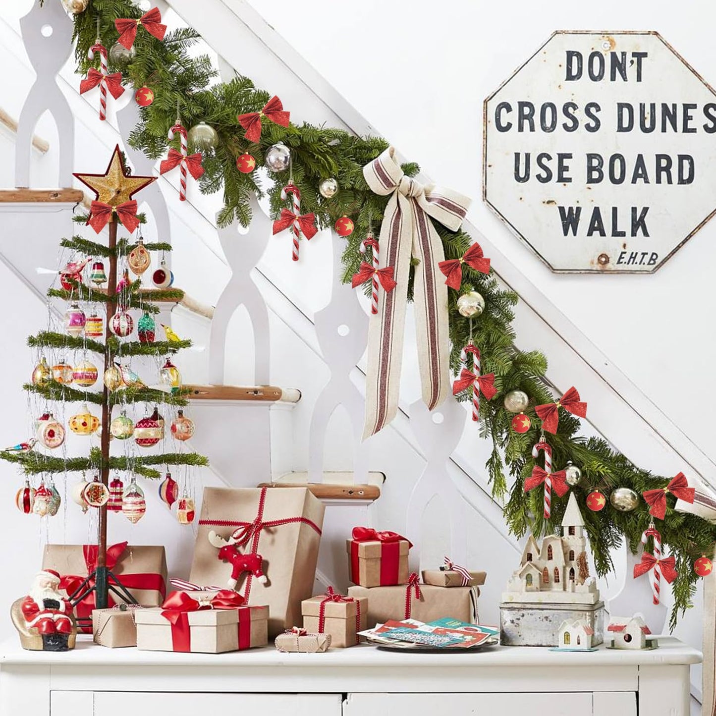 12 pcs Candy Cane Christmas Decorations with Bow - Glitter Candy Cane Xmas Decor - Christmas Hanging Ornaments with Rope for New Year Home Indoor Outdoor Party Holiday (Red)