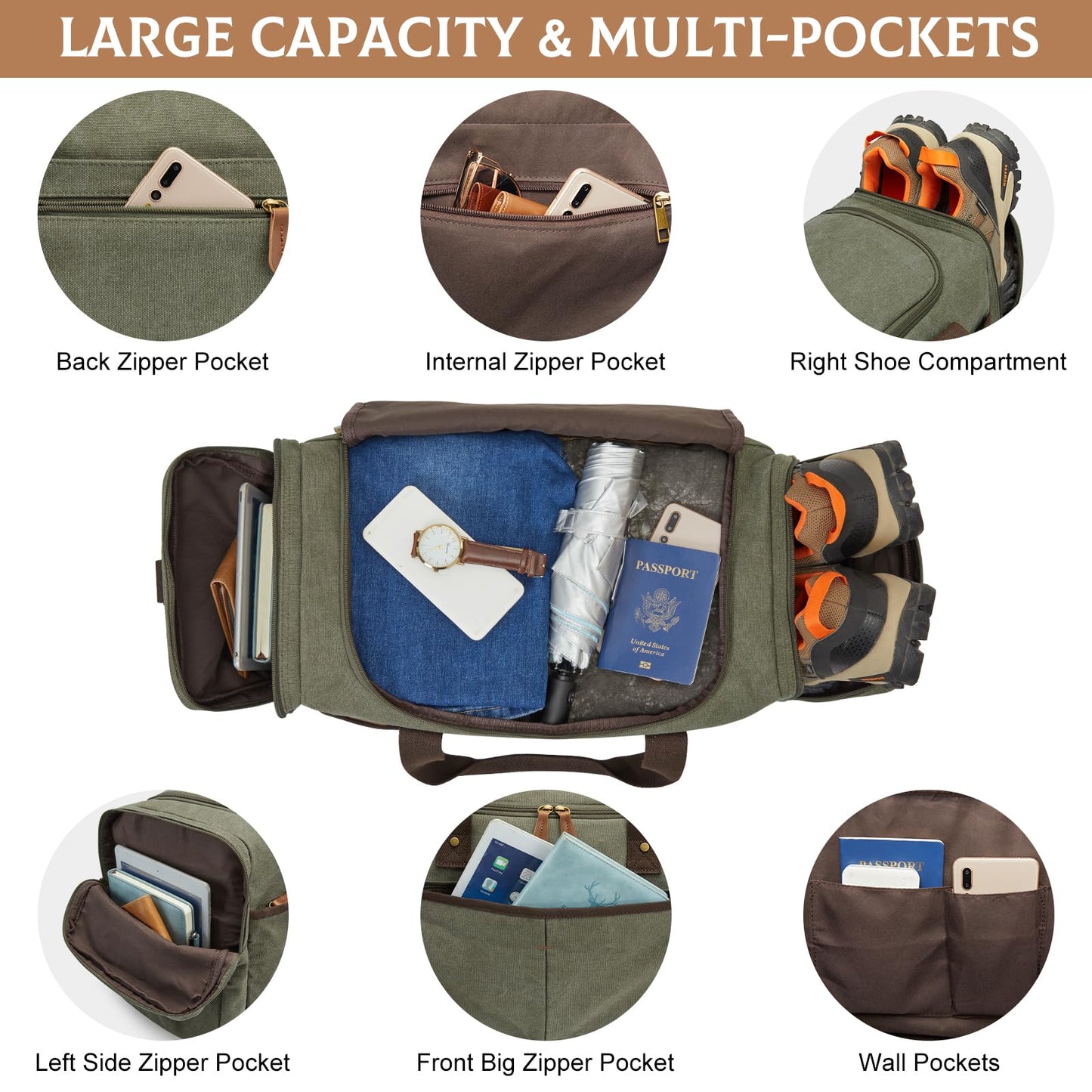S-ZONE Large Canvas Travel Duffel Bag Weekend Overnight Bag with Shoes Compartment Holdall Gym Bag with Multi-Pockets for Men and Women, Army Green, X-Large