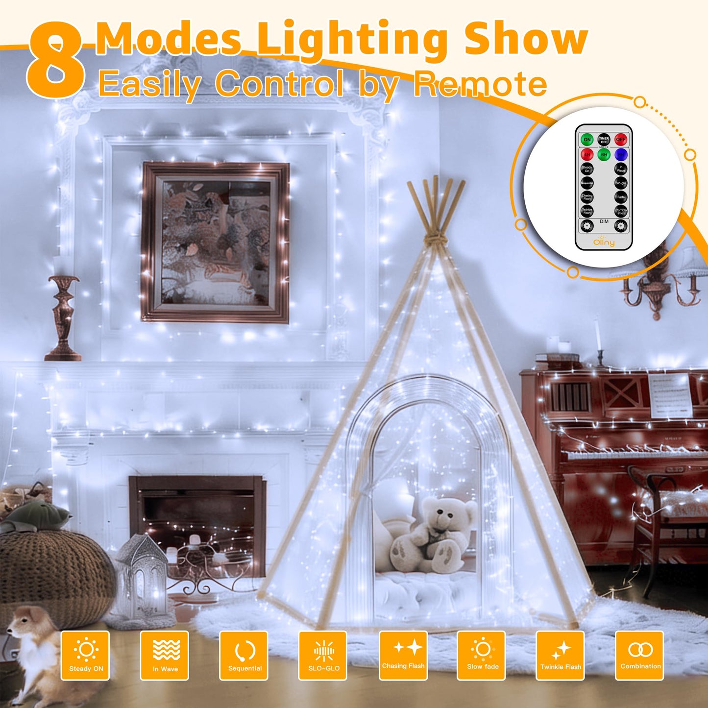 Ollny Christmas Lights Outdoor 800LED 262FT, Cool White Plug in Fairy Light with Remote, 8 Modes Waterproof Timers Dimmable LED String Lights for Indoor House Outside Bedroom Patio Balcony